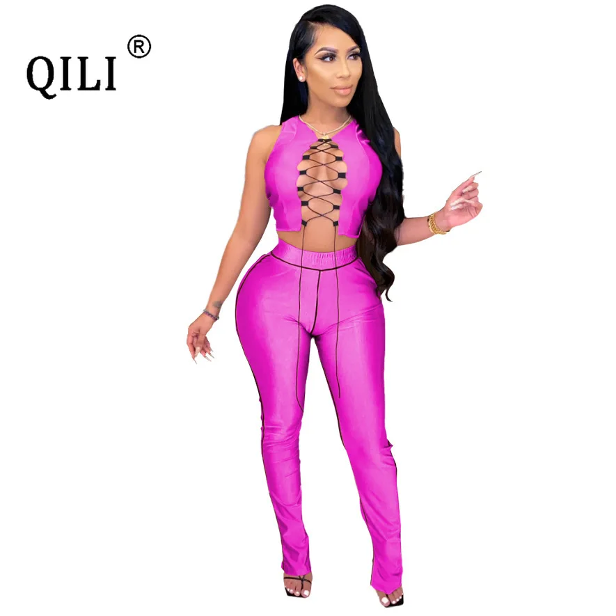

QILI Sexy Open Chest Lace-Up Outfits Two Piece Set Sleeveless Solid Dkinny Long Pants Club Sexy Colthes Women 2 Piece Outfits