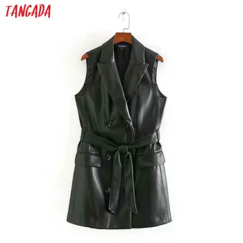 

Tangada women elegant black faux leather long waistcoat vest coat office lady work wear sleeveless jacket female top CE125