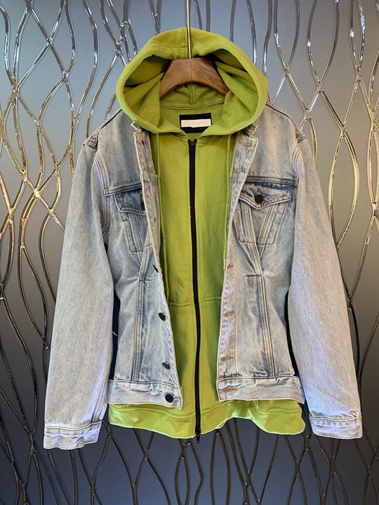 Early Autumn New Female Necklace Draw-rope Connecting Cap Stitching Denim Decorative Zipper Long Sleeve Short Coat 817