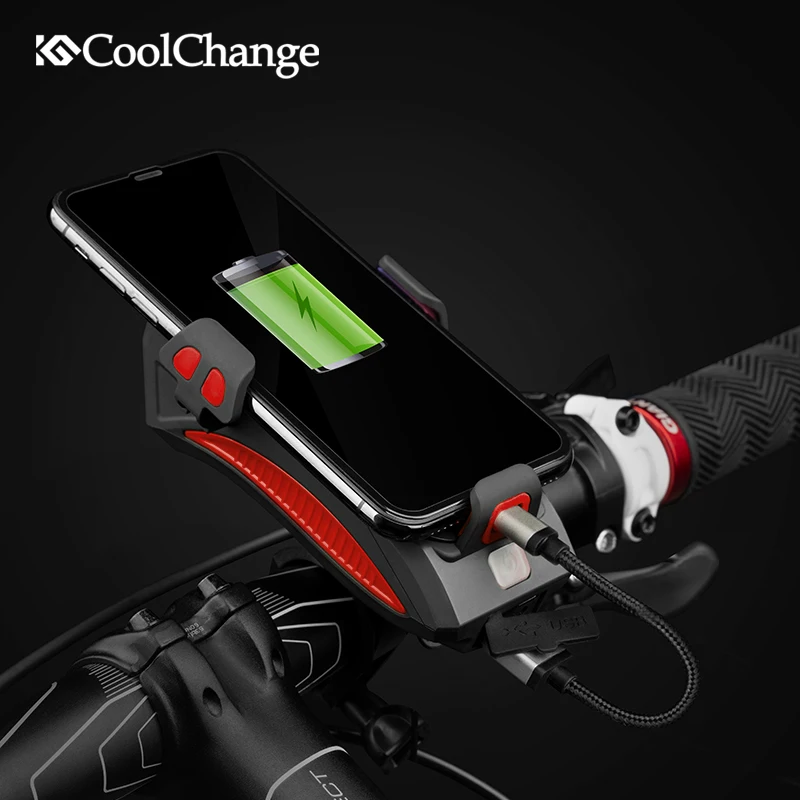 

CoolChange 4 in 1 Bike Bell MTB Phone Holder Cycling Horn Light 2000/4000mAh Power Bank USB Charging 130db Electric Bicycle Bell