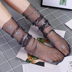 Glitter Thin Soft Star Sheer Mesh Tulle Socks Women Casual Breathable Transparent Ultrathin Fishnet Short Socks Summer Hosiery