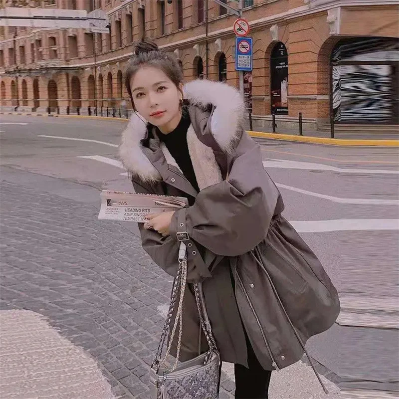 Fleece Parker Padded Jacket Women 2022 Winter New Fashion Thick Warm Coat Tooling Cotton-Padded Waist Hooded Padded Outwear