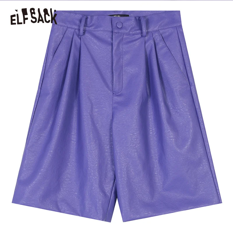 ELFSACK, винтажные женские кожаные шорты, осень, новая мода, средняя талия, прямые женские шорты, английский стиль, повседневные шорты - Цвет: Фиолетовый