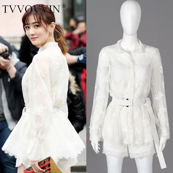 

TVVOVVIN 2020 Summer New Shirt+vest+shorts Belt Women's Embroidry Lace Mini Casual Fashion Elastic Waist Breasted A063