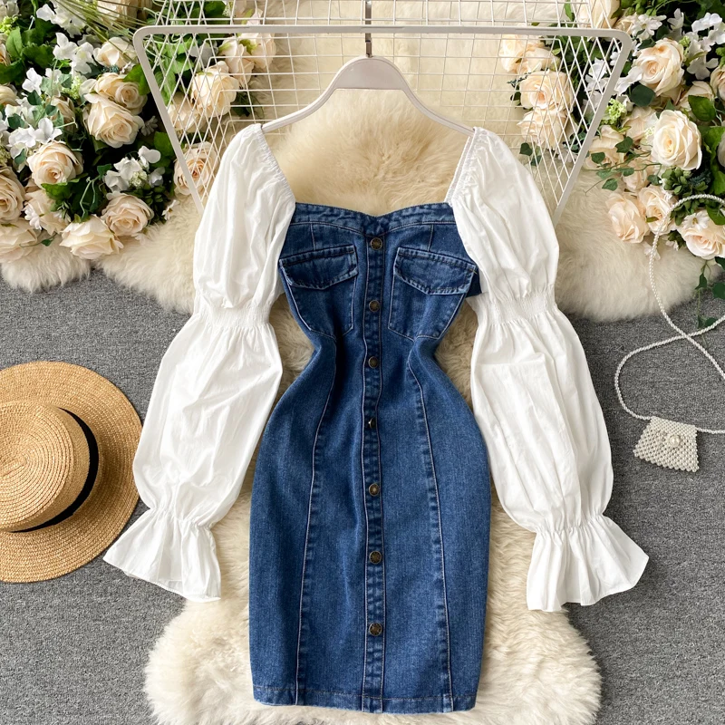 SINGRAIN Retro Splice Denim Short Dress Women Puff Sleeve Single Breasted Slim Autumn Design Korean Streetwear Dresses | Женская одежда