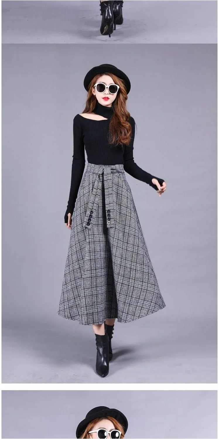 New Autumn Winter Women Fashion Sashes Plaid High Waist Skirt Pleated Sweet Style Woollen Women Skirts AQ687