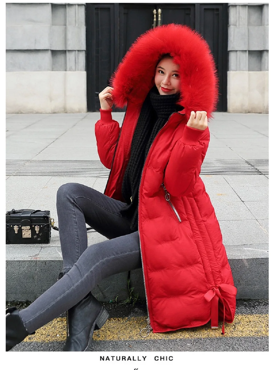 red Женские куртки, Новая меховая Корейская версия, зима, пальто для женщин, Длинное свободное хлопковое пальто, куртка с большим меховым воротником - Цвет: red