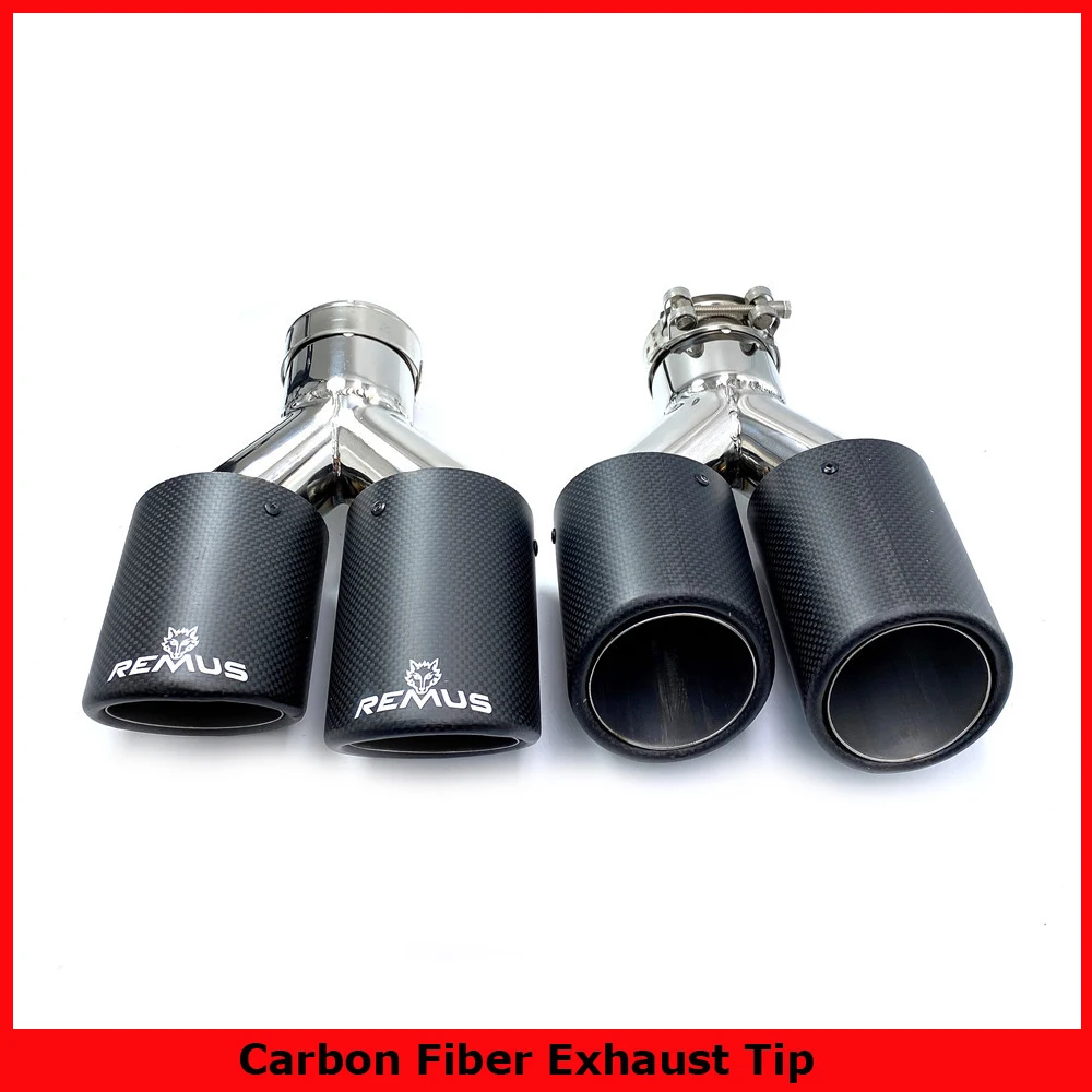 

2PCS Universal Dual Matt Carbon Fiber Exhaust Tip Stainless Steel Exhaust Pipe Curly Muffler Tip With Remus Logo For Auto Cars