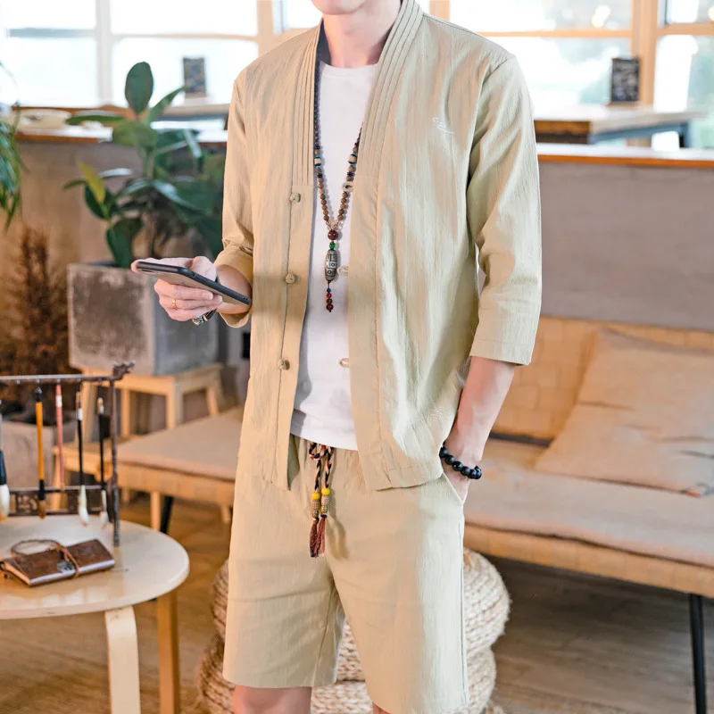 

2019 Summer New Style Flax Set Men's Chinese-style Retro Cotton Linen Three-quarter Sleeve T-shirt Shorts Thin Two-Piece Set