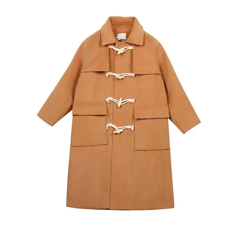 Japan Style Women Horn Buckle Jacket Vintage High Quality Loose Coat Long Girl Coat
