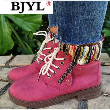 

Women Boots Ankle Short Suede Lace Up Warm Woman Boots Autumn Winter Ladies Zipper Casual Low Heels Sewing Fashion Botas Mujer