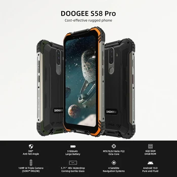 Перейти на Алиэкспресс и купить DOOGEE S58 Pro мобильный телефон 5180 мАч 5,71 дюймFHD + дисплей 6 ГБ + 64 ГБ Android 10 NFC Смартфон IP68/IP69K водонепроницаемый мобильный телефон