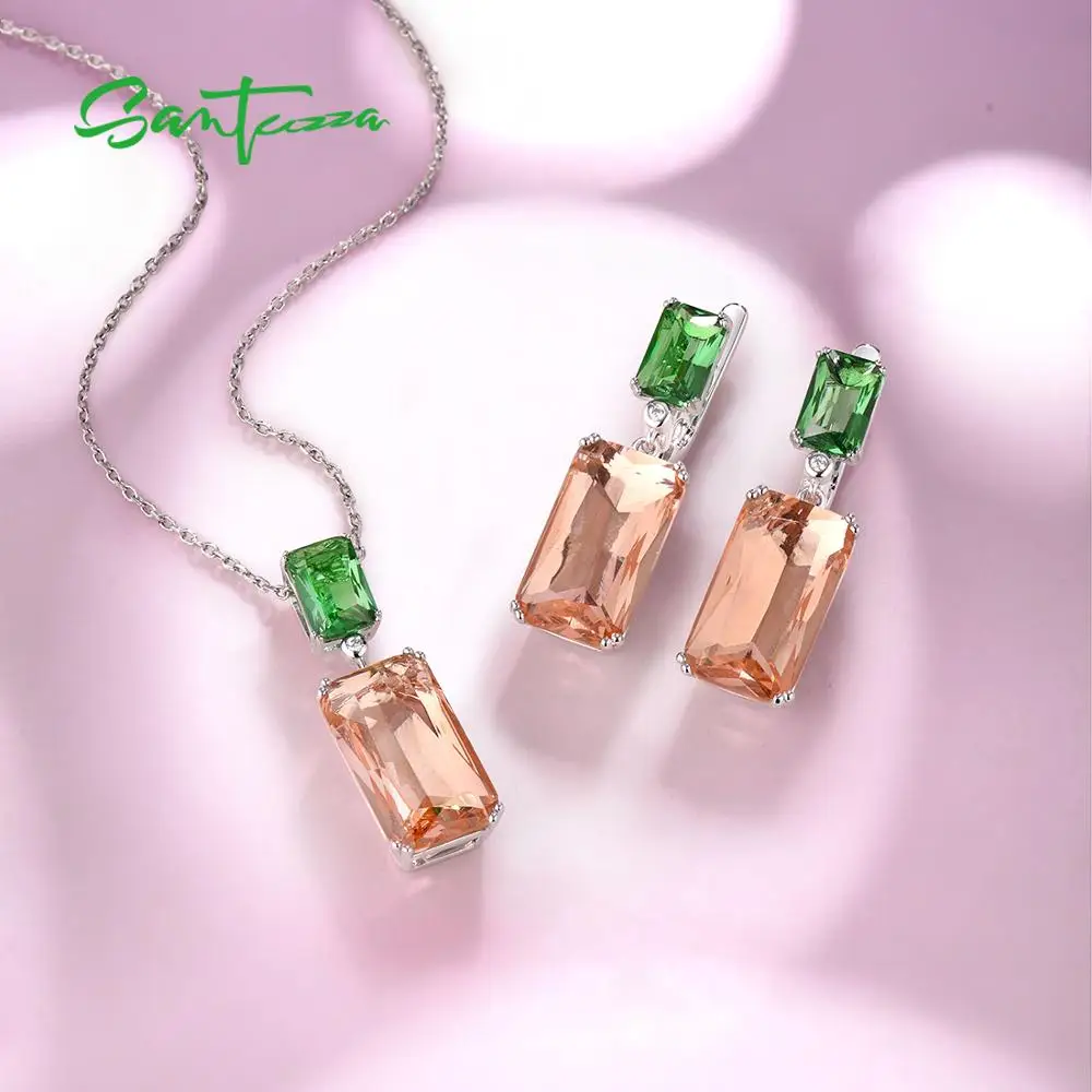 SANTUZZA Pure 925 Sterling Silver Jewelry Set for Women Octagon Green Champagne Crystal Pendant Earrings Set Gifts Fine Jewelry
