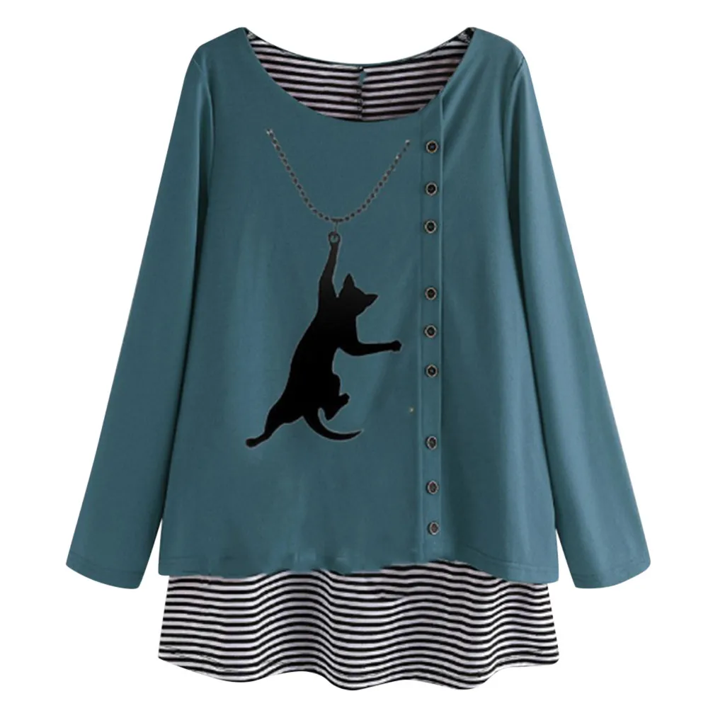 Blouse Women New Autumn and Winter Patchwork Cartoon Print Round Neck Long-Sleeved Large Size Casual Blouse