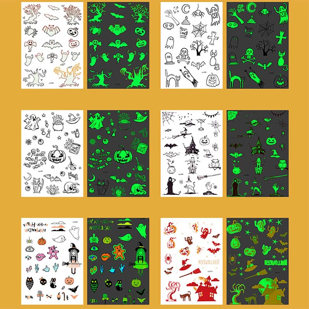 1 лист Хэллоуин светящаяся Татуировка призрак Тати для детей поддельные татуировки ведьмы сверкающий в темноте водонепроницаемые временные татуировки наклейки
