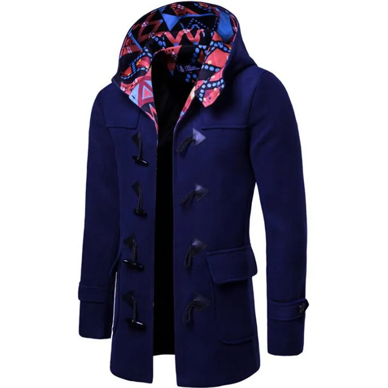 TANG Этнический стиль мужской Бык Рог пряжка цвет высокий воротник длинное пальто модная мужская ветровка пальто - Цвет: Navy blue