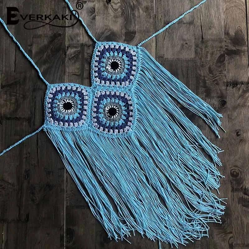 Blue Everkaki Boho трикотажные топики бикини топы для женщин с кисточками летние пляжные женские винтажные бикини Купальники Топ женский Новая мода - Цвет: Blue