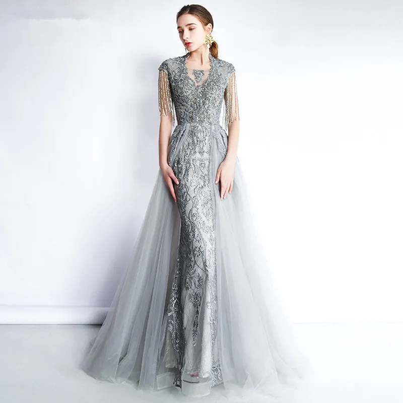 vestido de festa серое длинное платье для выпускного вечера es вечерние платья с высоким вырезом Женская официальная Аппликация из бисера Русалка платья для выпускного вечера