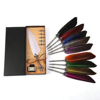 

Senior antique pen engraving metal pen + empty bottle + 5 replacement nib + feather pen wedding birthday Christmas gift