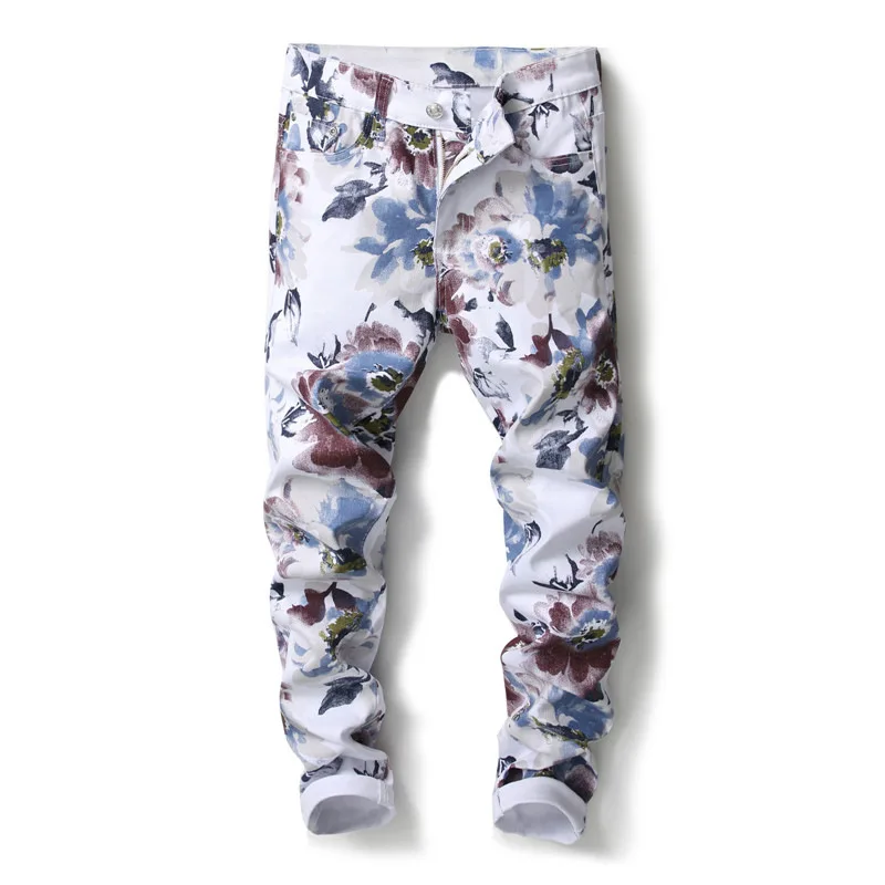 

Pattern 3D Floral printing Men's Jeans Stretch Skinny Flower Painted Denim Pants Slim Trousers Size 29-38 High Quality