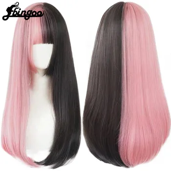 

【Ebingoo】Pink and Black Wig Long Straight hair Cosplay Wig Two Tone Ombre Color Women Synthetic Hair Wigs