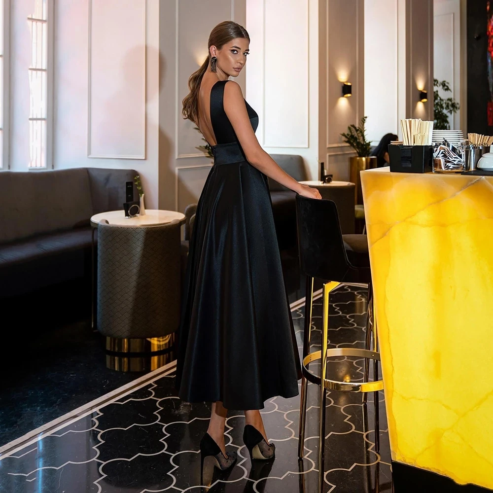 Customized Tea-Length Satin 2025 Evening Dress Illustion V-Neck Sleeveless Evening Gown Sexy Backless A-Line Prom Dress - Image 2