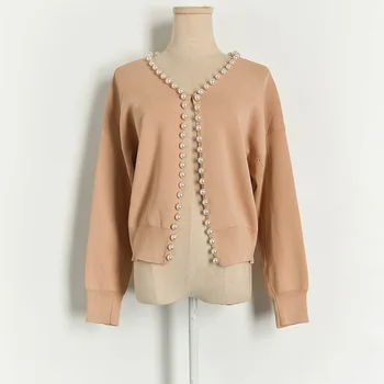 

Spring Socialite Van Beaded Fob wai da Long-Sleeve Knit Cardigan Women's Tops