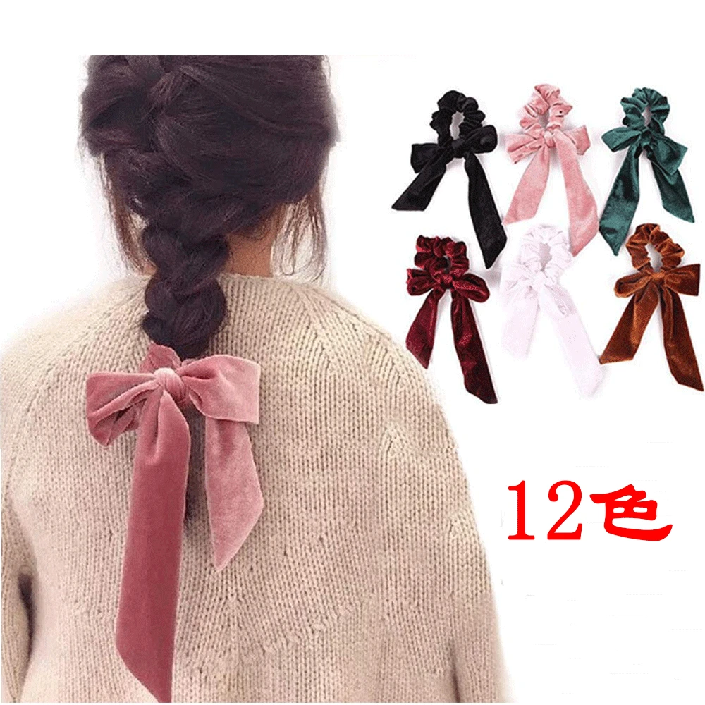 

Ribbon Bow Hair Ring Velvet Scrunchies 9 Colors Modis Long Bow Streamers Girl Elastic Hair Bands Headwear Headbands for Women