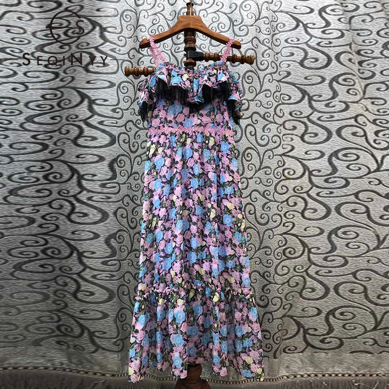 

SEQINYY Sweet Midi Dress 2020 Summer Spring New Fashion Design Women Short Sleeve Ruffles Blue Purple Flowers Print Loose Dress