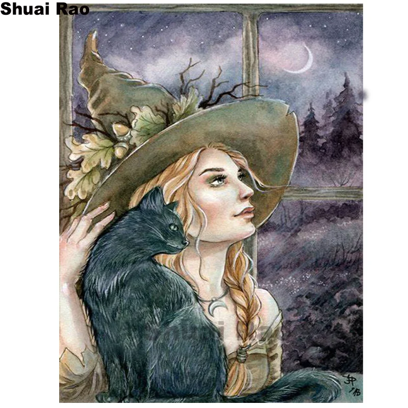 Mosaico de diamantes de bruja de gato negro, cuadro de diamantes 5d