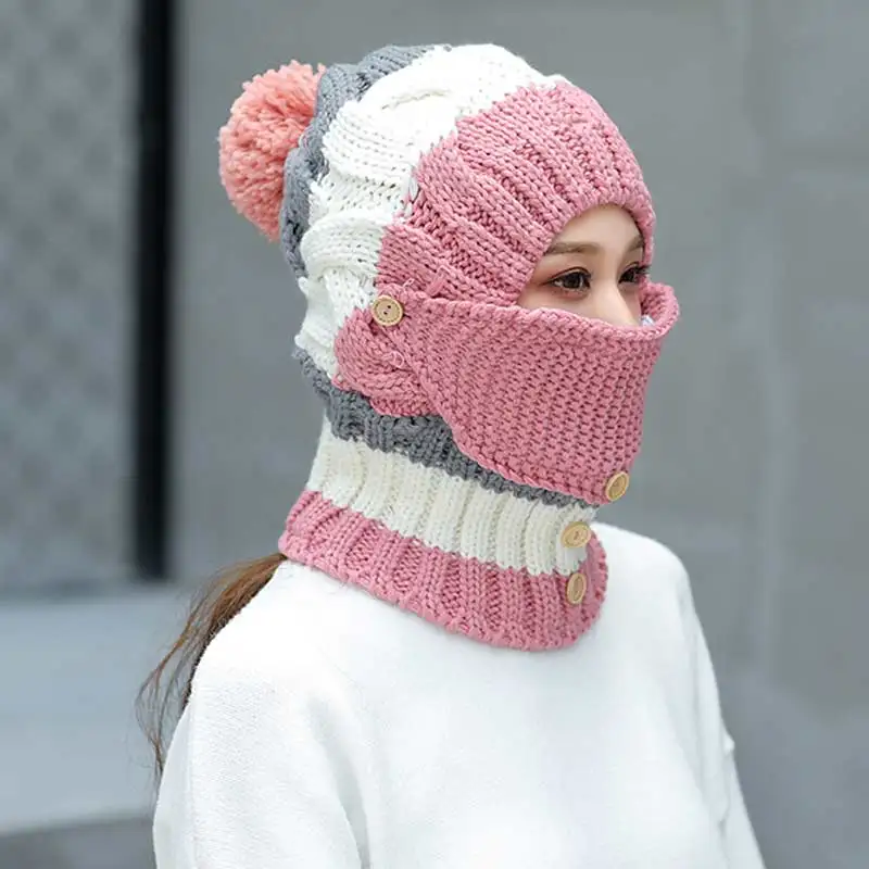 

Autumn Winter Plus Velvet Hat Women's Bib Face Cover Three-Piece Set Warm Knitted Hat Outdoor TC21