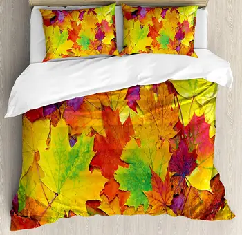 

Fall Duvet Cover Set Different Colored Vibrant Many Autumn Maple Leaves Nature in November Scenery Photo Decorative 3 Piece