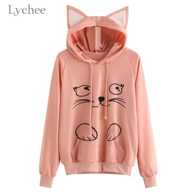

Lychee Harajuku Solid Color Women Pullovers Cat Ear Women Hoodies Long Sleeve Lady Hooded Sweatshirt Tracksuit