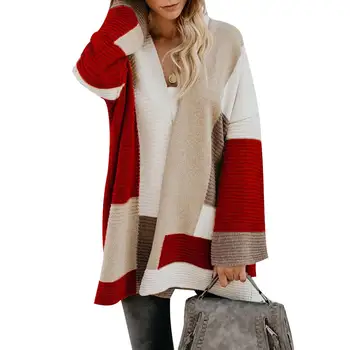 

Women Open Front Cardigan Color Block Long Sleeve Loose Knit Lightweight Sweater