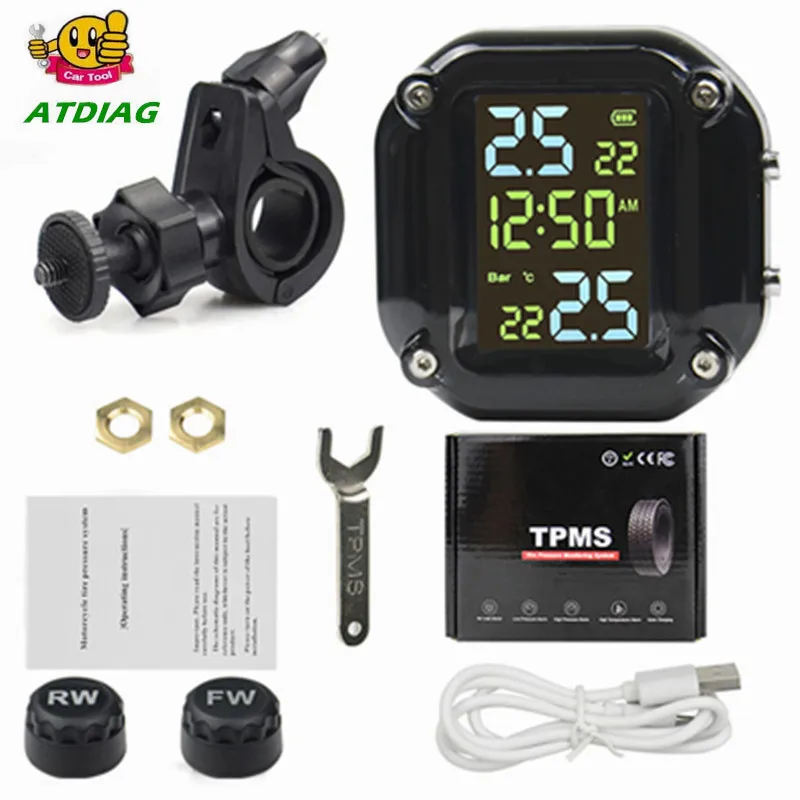 Motorcycle Tire Pressure Monitor USB Solar Charging Motorcycle TPMS Motor Tire Pressure Tyre Temperature Monitoring Alarm System 2 External Sensors