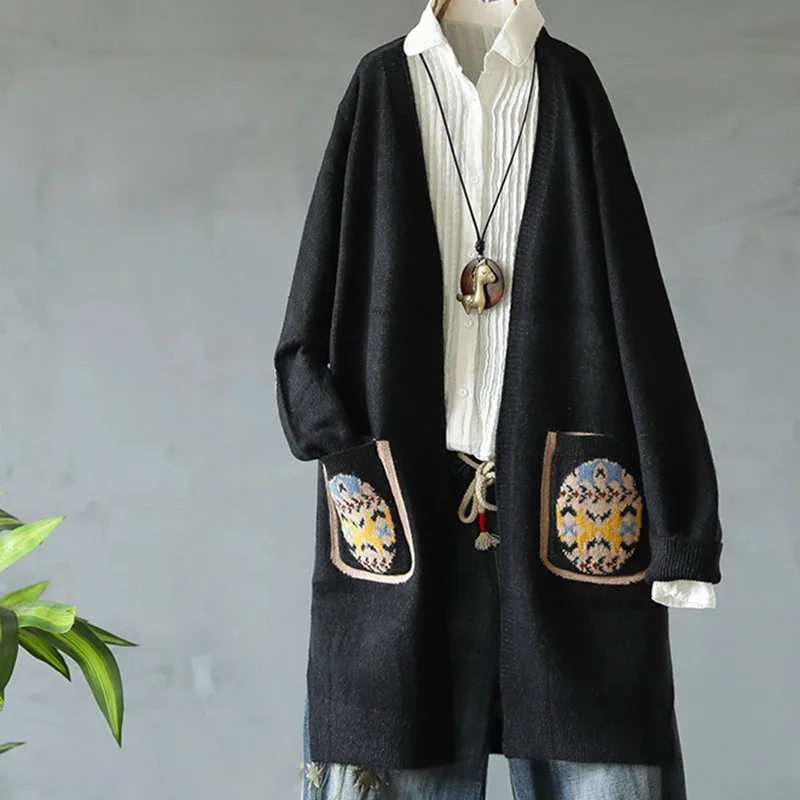 Женский вязаный кардиган с длинным рукавом, вышитый свитер, открытый передний кардиган, верхняя одежда TY66