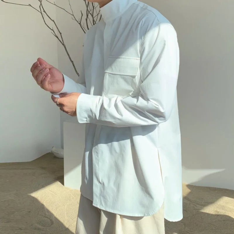 

Dress Shirt Men's Fashion Solid Color Business Casual Shirt Men Streetwear Wild Loose Korean Stand-up Collar Long-sleeved Shirt