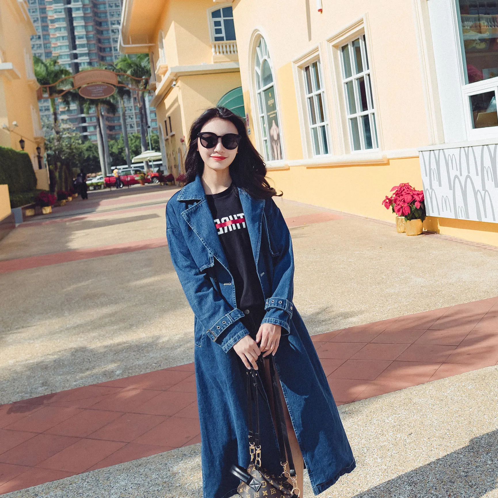 

Photo Shoot 2020 Spring Clothing Loose Retro Denim Windbreaker Women's Mid-length Double Breasted Waist Hugging Coat Fashion Lon