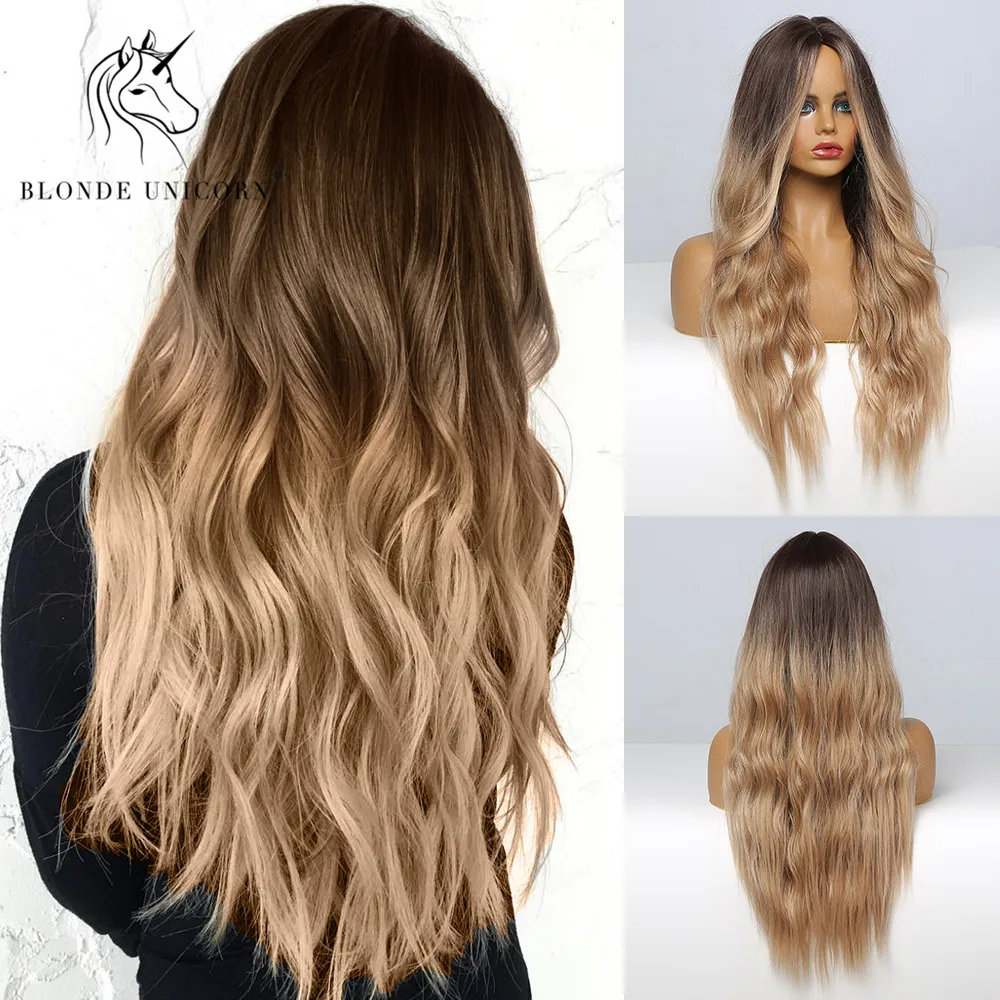 Parrucca bionda unicorno Ombre bionda marrone parrucca lunga parte centrale parrucca per capelli Cosplay parrucche sintetiche termoresistenti naturali per donna