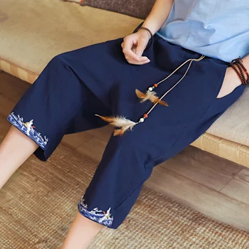 

2019 summer men's embroidered pants sizeS-5XL male Calf length pants cotton and harem pant