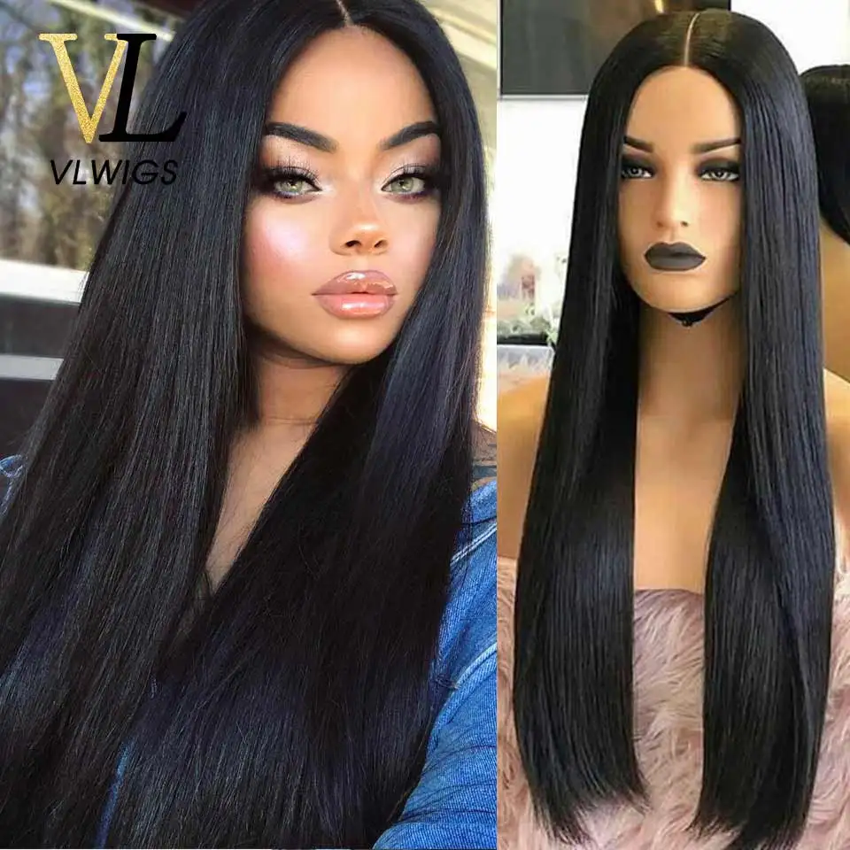 VLWIGS полный парик шнурка Glueless предварительно сорвал естественные волосы с прямыми бразильскими волосами парики отбеленные узлы VL01