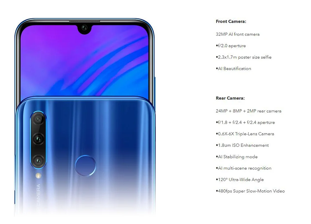 Глобальная версия Honor 20 Lite, 4 Гб, 128 ГБ, мобильный телефон с двумя sim-картами, Восьмиядерный, 6,21 дюймов, тройная камера, 24 Мп, фронтальная, 32 МП, NFC, Android телефон