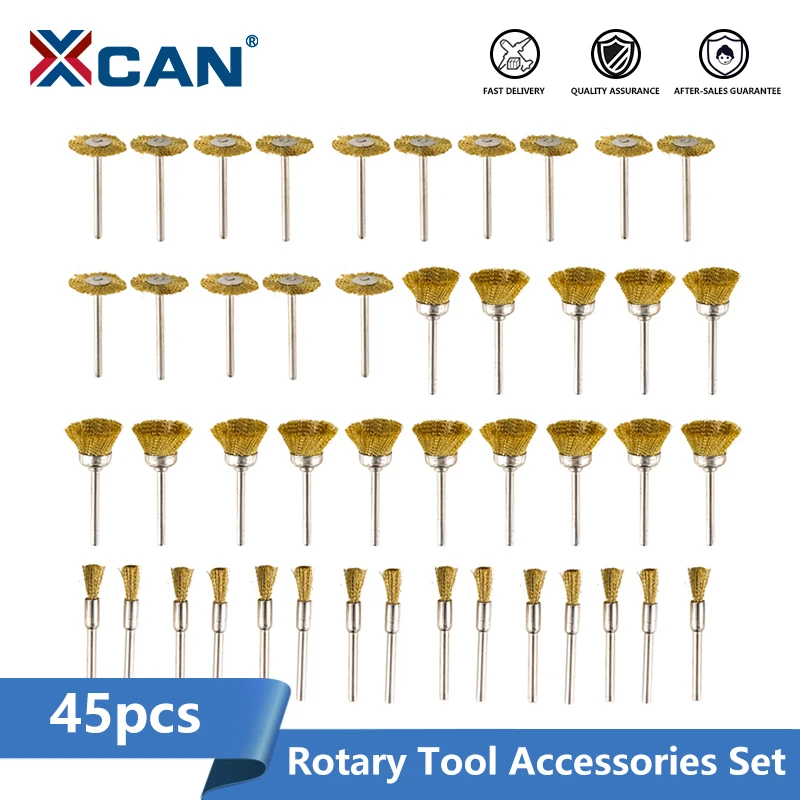 XCAN 45pcs Steel Wire Brass Wheel Cup Brush Set Metal Polishing Wheel 3mm Shank for Dremel Rotary Tool Acceossires