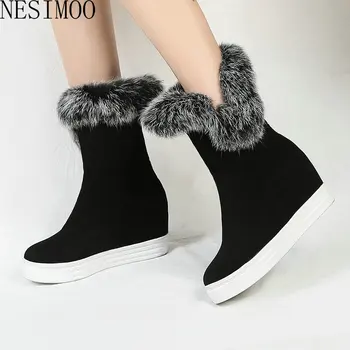 

NESIMOO 2021 Scrub Rabbit Hair Mid Calf Boots Round Toe Height Increasin Women Shoes Winter Keep Warm Ladies Boots Size 34-43