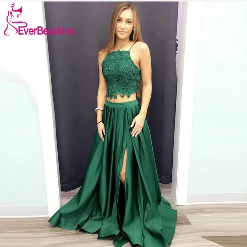 

Two Pieces Prom Dresses 2020 High Slit Satin Appliques Vestidos De Gala A-line Evening Party Dresses Prom Gown Robe De Soiree