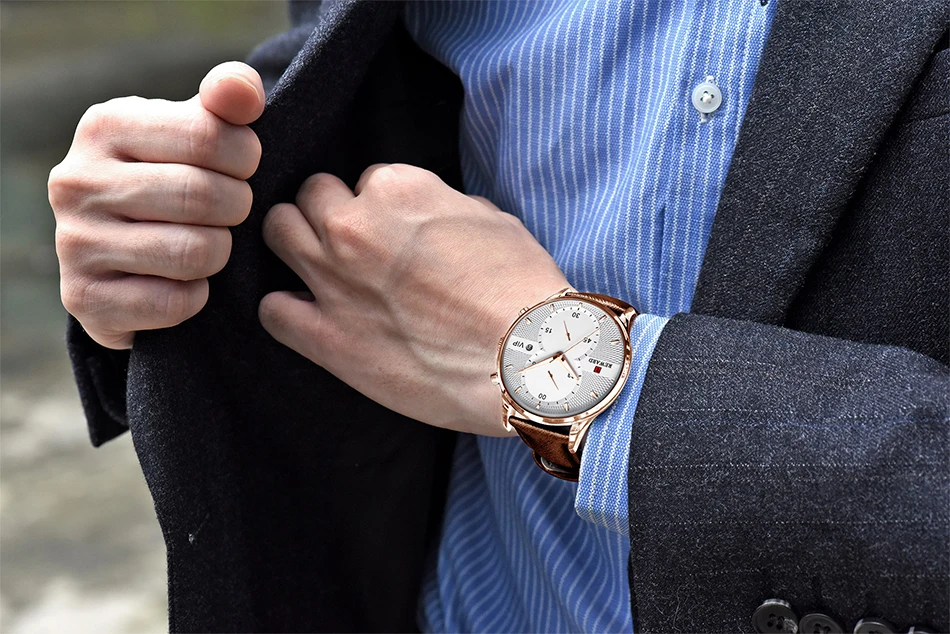Брендовые мужские часы с хронографом, Модные Спортивные кварцевые наручные часы, мужские повседневные кожаные водонепроницаемые часы, мужские часы