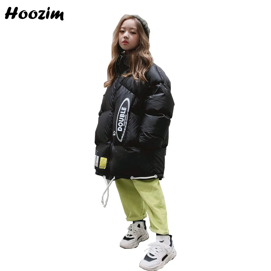 

Winter High Street Letter Quilted Jacket Girls 4-13 Year Chic Turtleneck Drawstring Hem Parka Children Long Outerwear Coat Girls