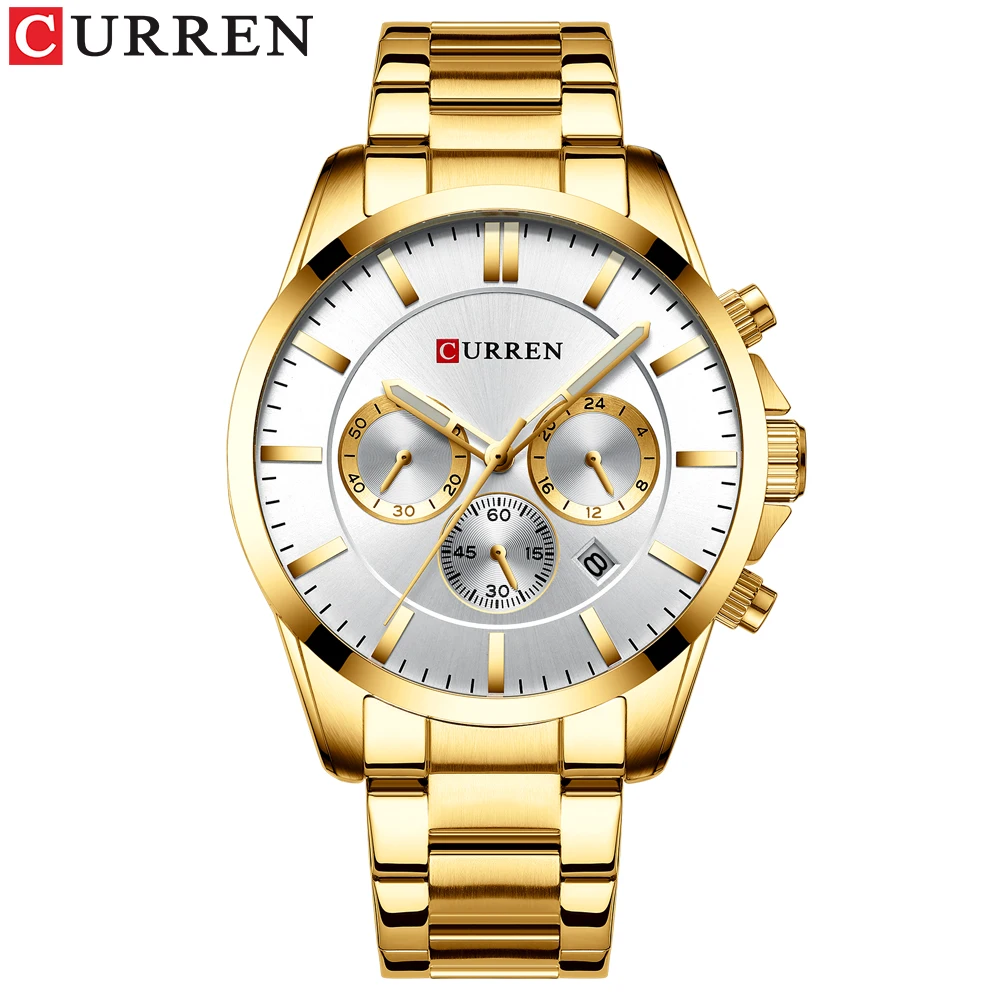 gold white Новые Curren Мужские часы лучший бренд класса люкс кварцевые спортивные часы мужские повседневные военные наручные часы из нержавеющей стали с хронографом - Цвет: gold white