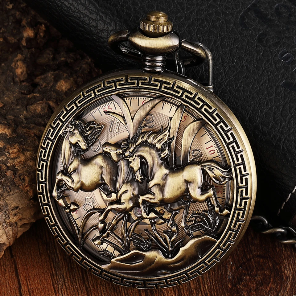 Мужские карманные часы в стиле ретро с полой лошадью, уникальный брелок на цепочке, Римский циферблат, стимпанк, Бронзовый Скелет, механические мужские часы