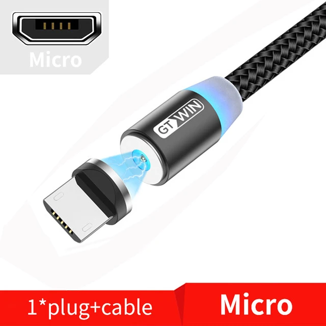 GTWIN 1 м/2 м Магнитный Micro USB кабель для iPhone samsung Быстрая зарядка usb type C Магнитный зарядный usb кабель зарядный шнур для телефона - Цвет: Black Micro Cable